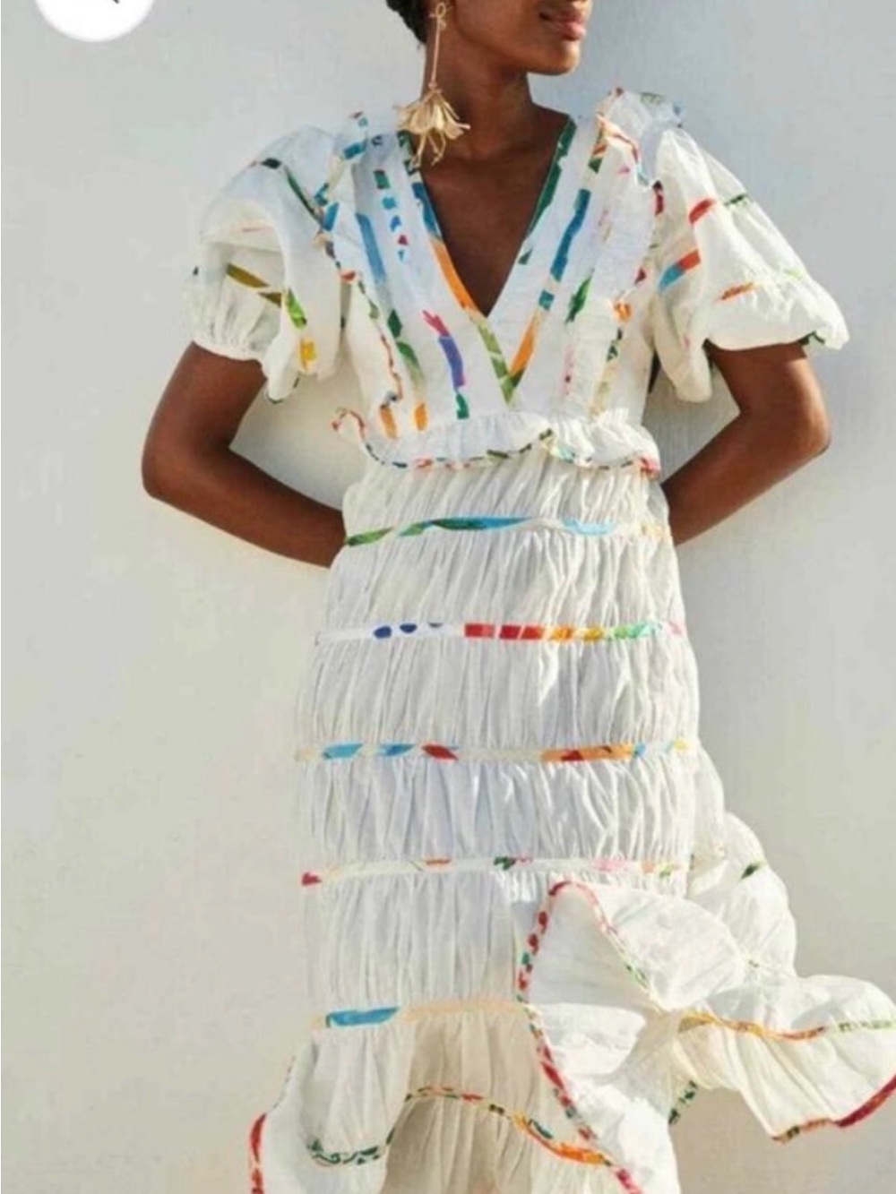 Farm Rio White Midi Dress with Colorful Embroidered Trim - Size Small